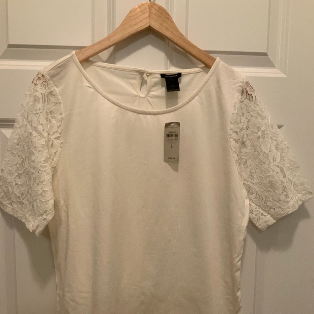 NWT Ann Taylor Ivory Tee Shirt Lace Sleeve Sz L